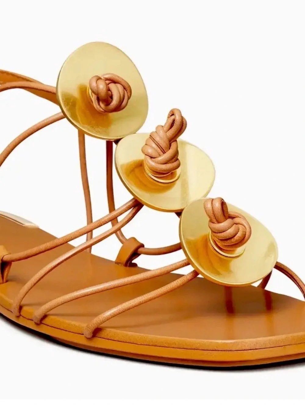 Tory Burch Artisanal Knot Tan Leather Sandal with Gold Accents